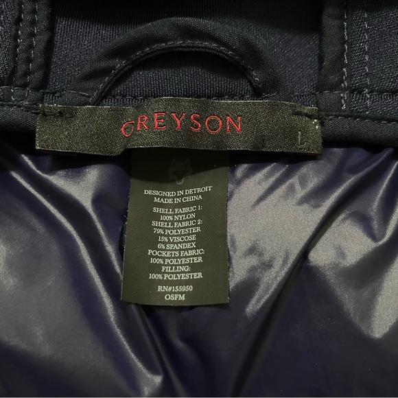 Greyson Eos Hybrid Puffer Jacket Hood Pockets Zip Navy Golf Embroidered Large - Picture 12 of 14